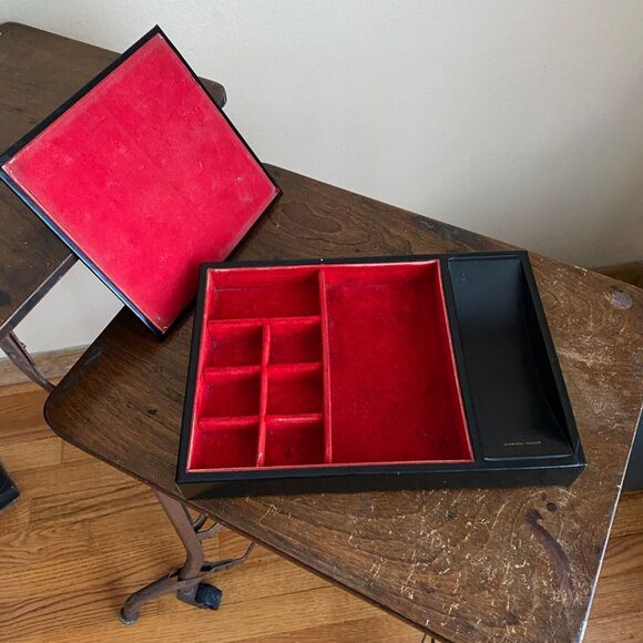 Vintage Dresser Caddy Faux Leather Box with Lid Red Flocked Velvet Valet - Picture 1 of 10